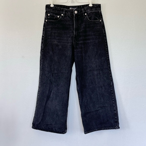 Zara Loose Fit  Wide Leg Crop Length Black Jeans Sz 8 - Picture 4 of 11